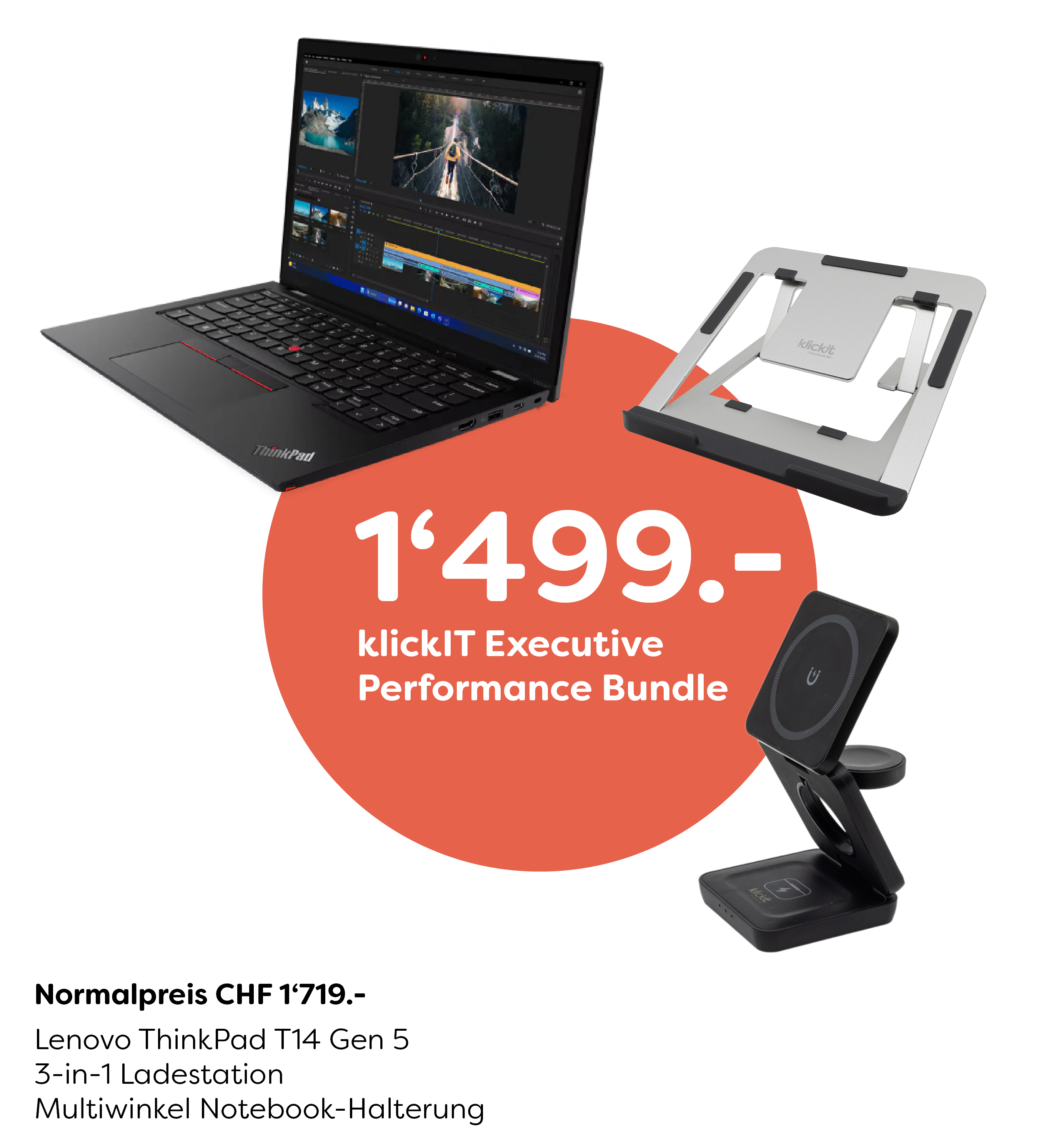 klickIT Executive Performance Bundle – Lenovo ThinkPad T14 Gen 5 mit Multiwinkel Notebook-Halterung und 3-in-1 Ladestation