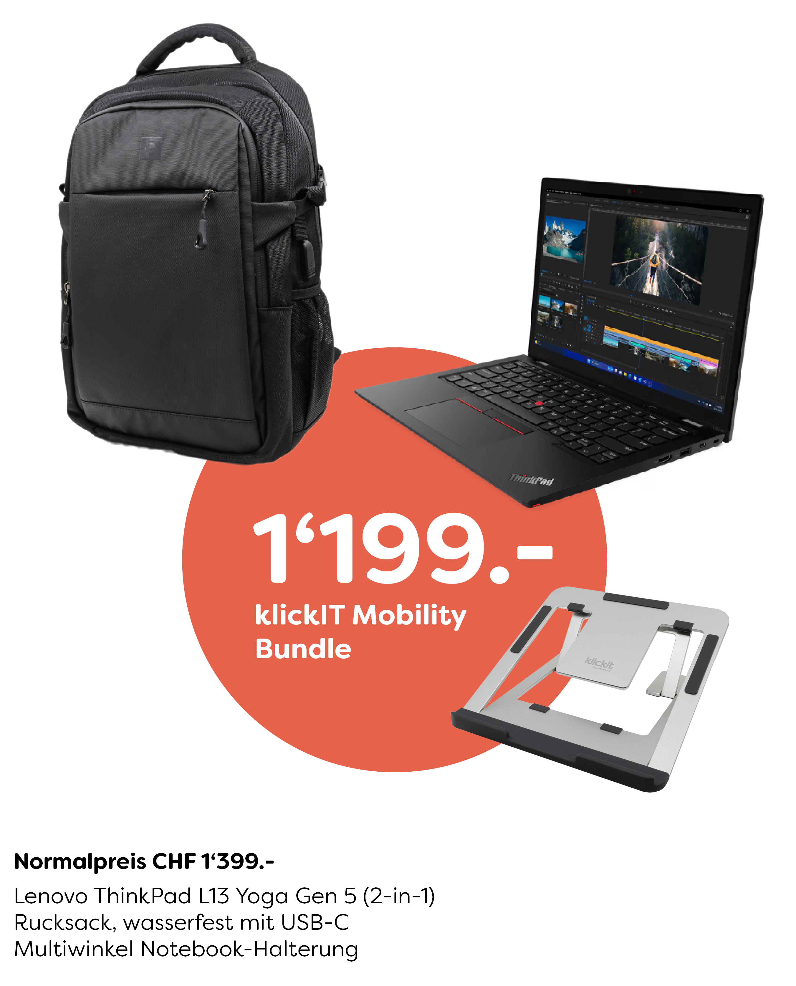 klickIT Mobility Bundle – Lenovo ThinkPad L13 Yoga Gen 5 (2-in-1) mit wasserfestem USB-C Rucksack und Multiwinkel Notebook-Halterung
