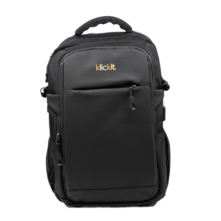 Schwarzer Rucksack mit klickIT-Logo